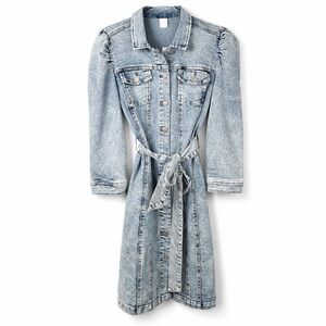 VENUS Blue Denim Dress Button Down Stretchy Midi Tie Waist Puff Sleeve Size 8